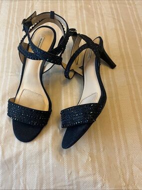Alex Marie Navy Blue Embellished Open-Toe Heels